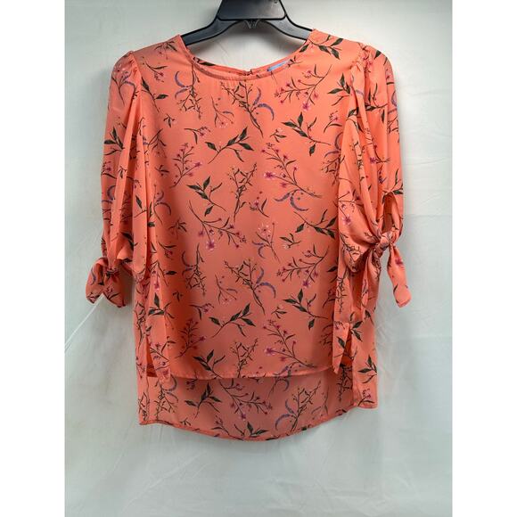 CeCe women’s L coral floral high low blouse with tie sleeves. - Picture 1 of 7